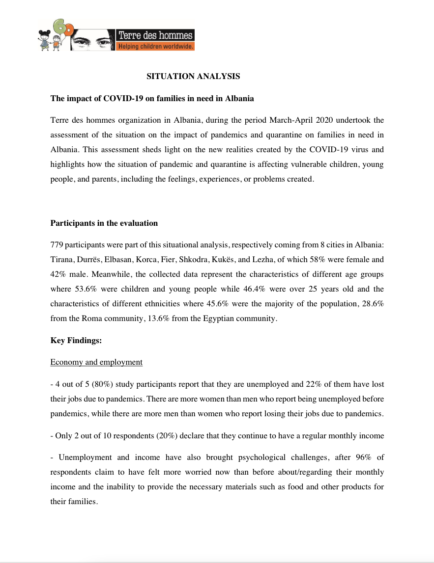Situation Analyses:  The impact of COVID-19 on families in need in Albania